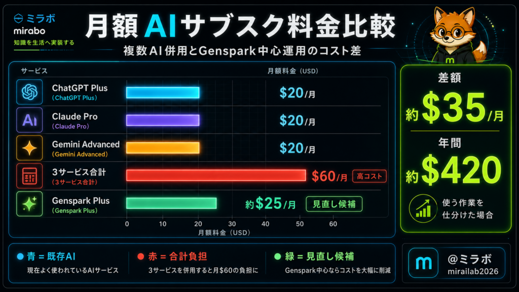 月額AIサブスク料金比較（ChatGPT・Claude・Gemini合計60ドルとGenspark Plus約25ドルの差額）