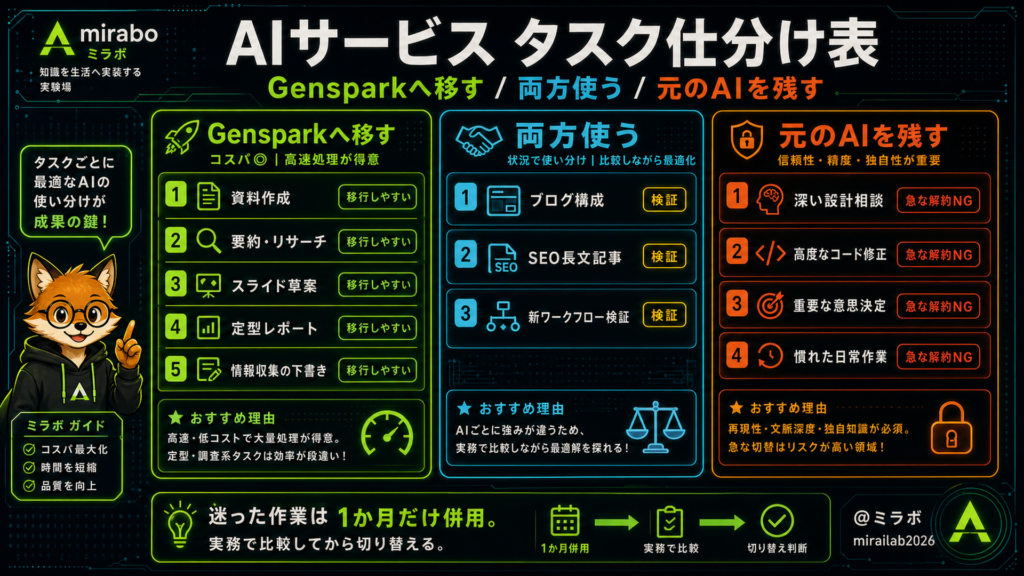 AIサービス タスク仕分け表（移す・併用・残すの3列）