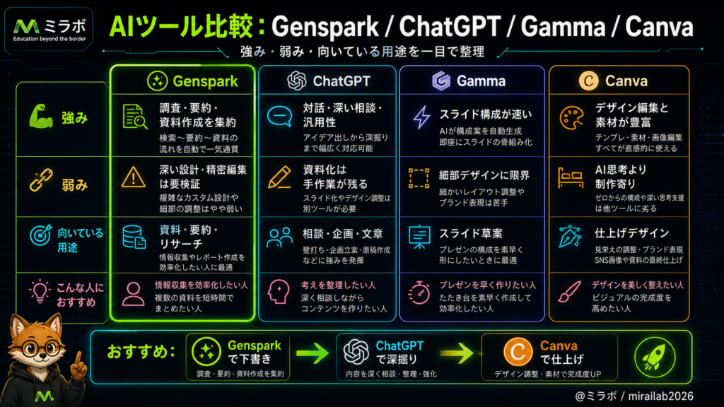 Genspark・ChatGPT・Gamma・Canva 比較表