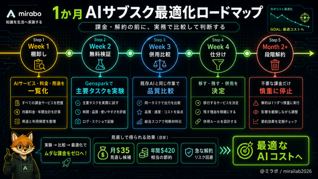 1か月AIサブスク最適化ロードマップ（Week1棚卸し→Week4仕分け→段階解約）