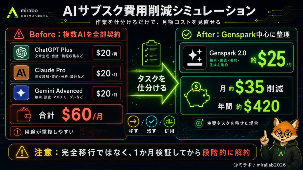 AIサブスク費用削減シミュレーション（Before：月60ドル → After：約25ドル）