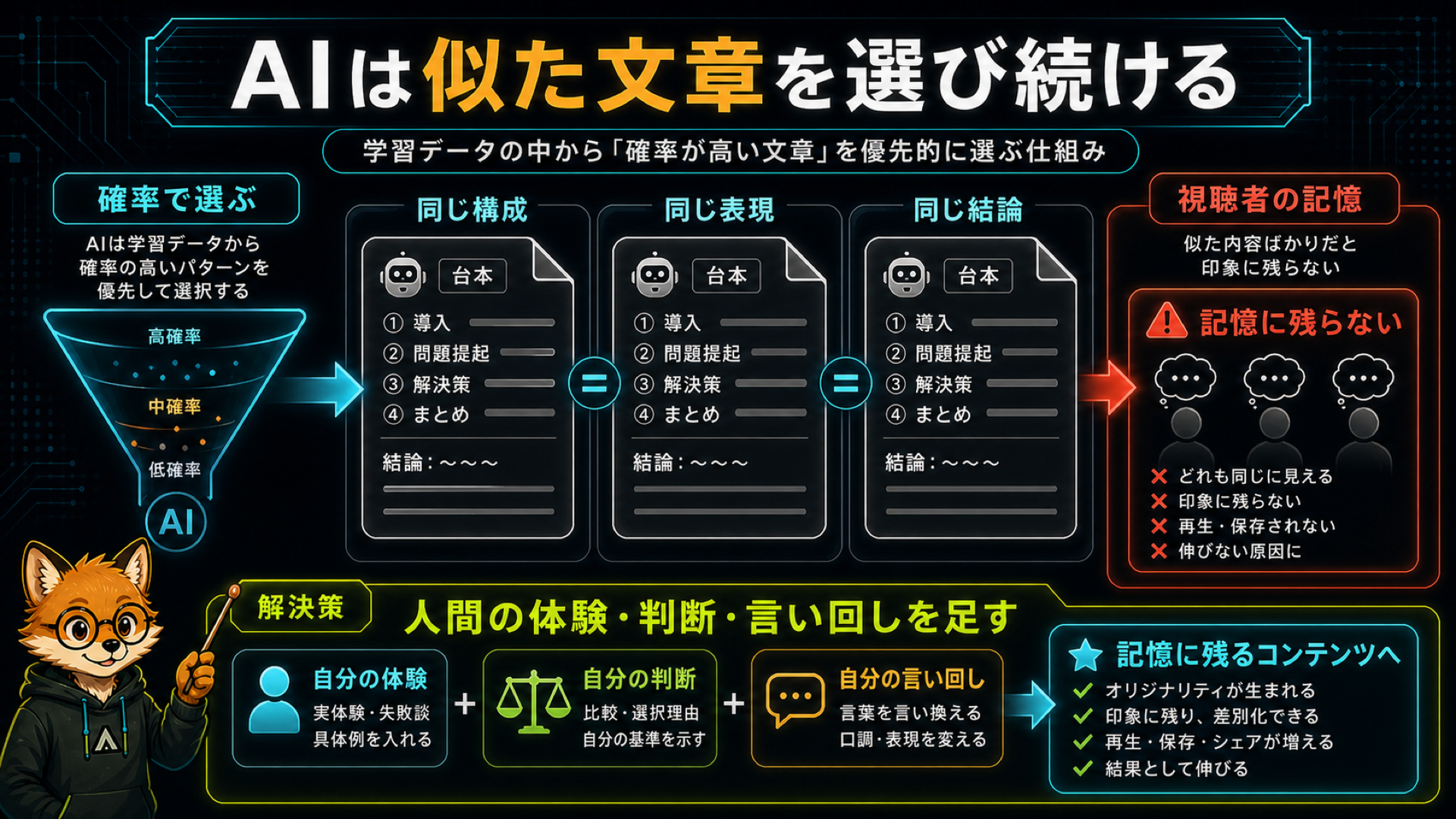 AIは確率的に「よく使われる表現」を選ぶため、誰でも似た台本になることを示した図解