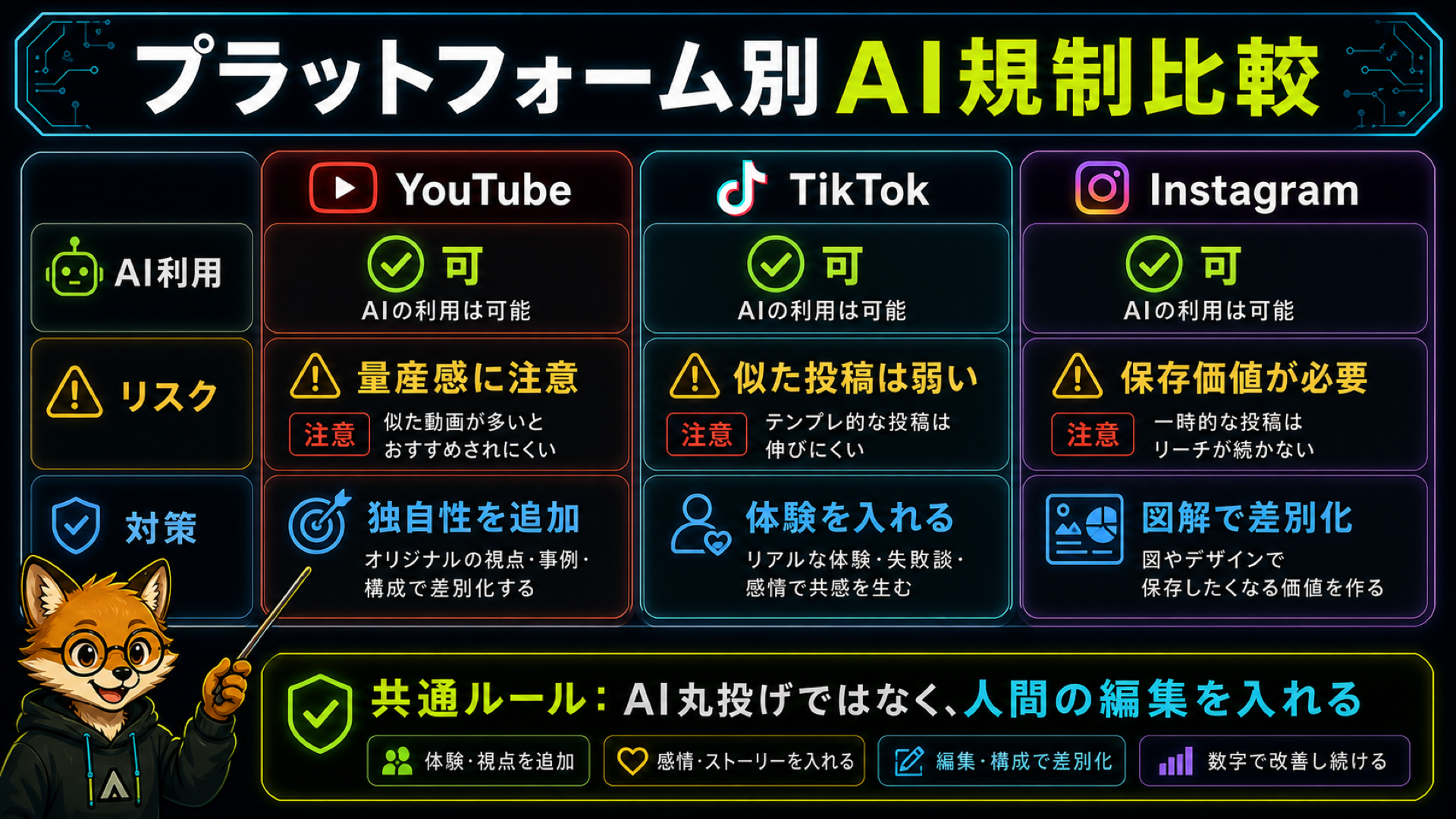 YouTube・TikTok・Instagram 3媒体のAI動画開示義務と収益化リスクの比較表