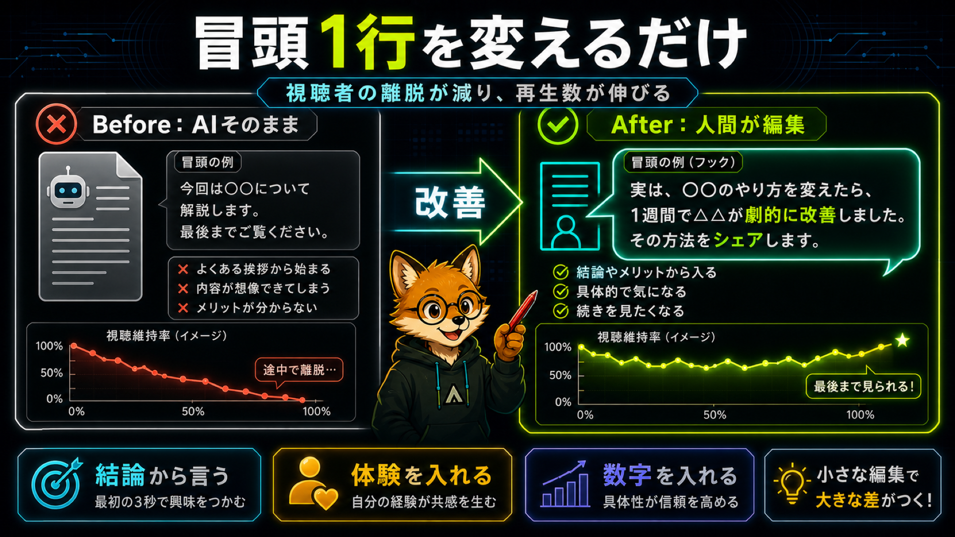 AI丸投げ台本（Before）と制約プロンプトで修正した台本（After）の比較図解