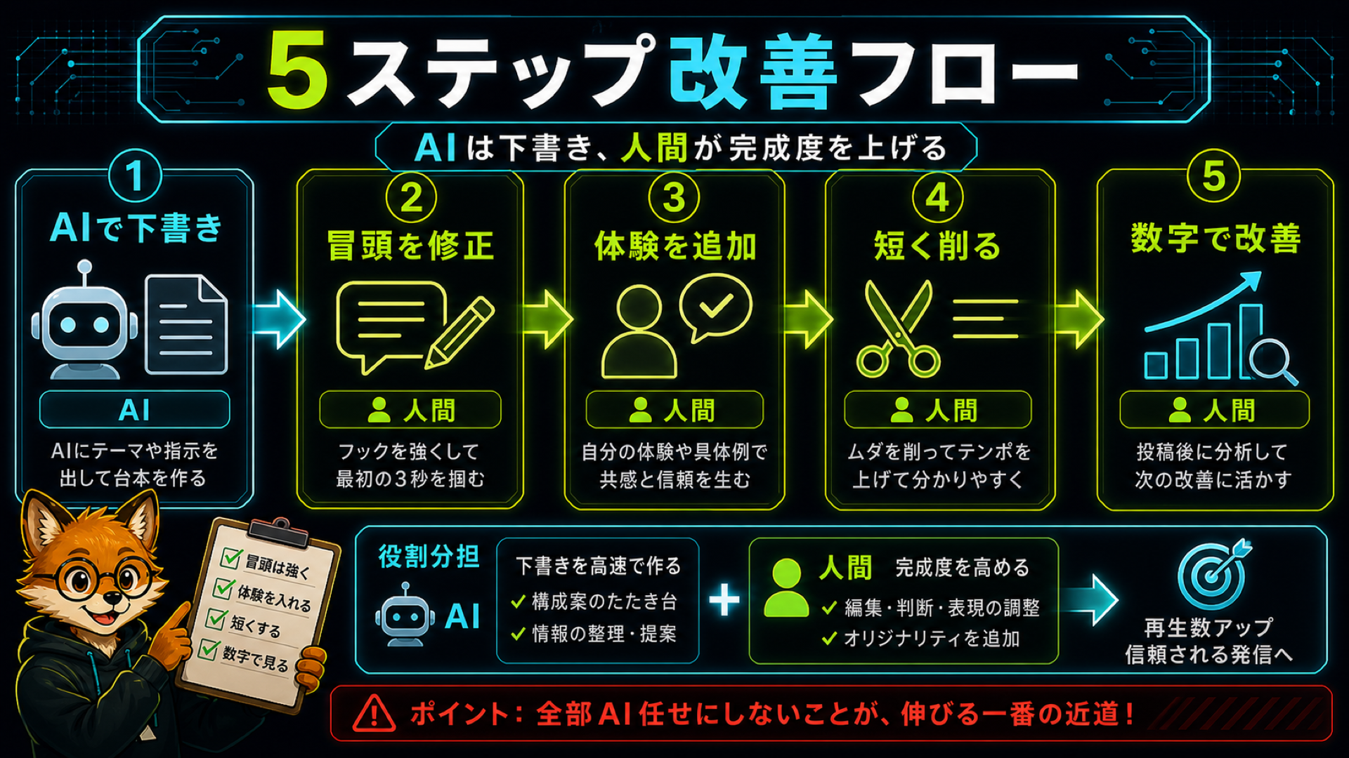 人間が企画→AIが台本→離脱予測→人間が音読修正→データ確認の5ステップ改善フロー図