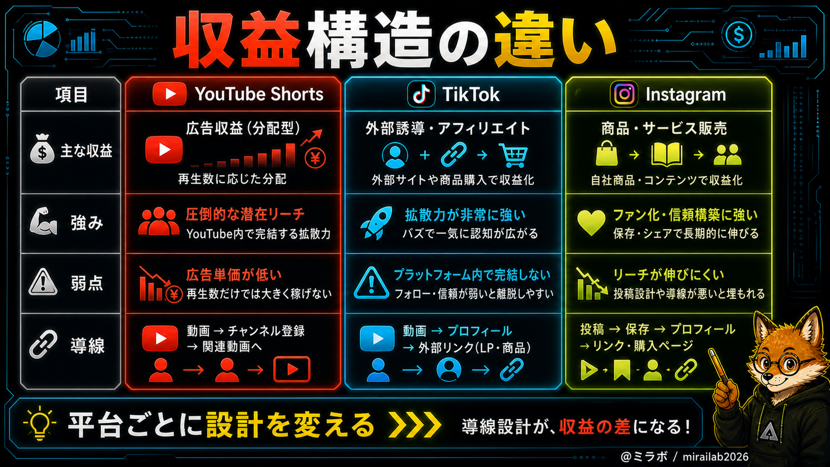 YouTube Shorts、TikTok、Instagramの収益設計の違いを示した比較表