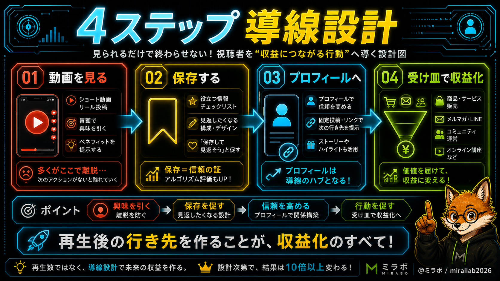 動画（認知）からプロフィール（受け皿）・CTA・販売へつながる4ステップのフロー図