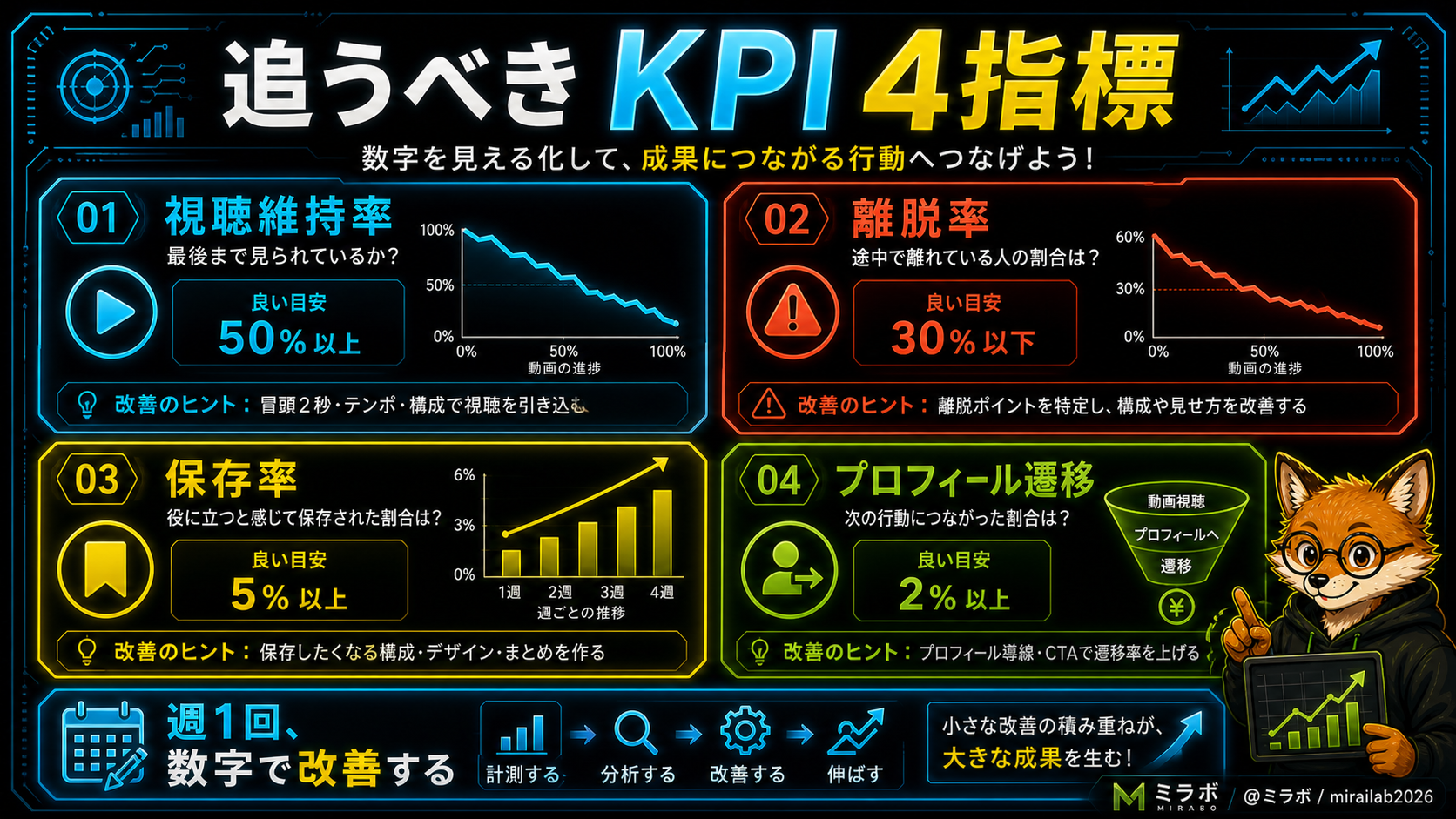 視聴維持率・離脱率・保存率・プロフィール遷移率の4指標を示した2×2グリッド図