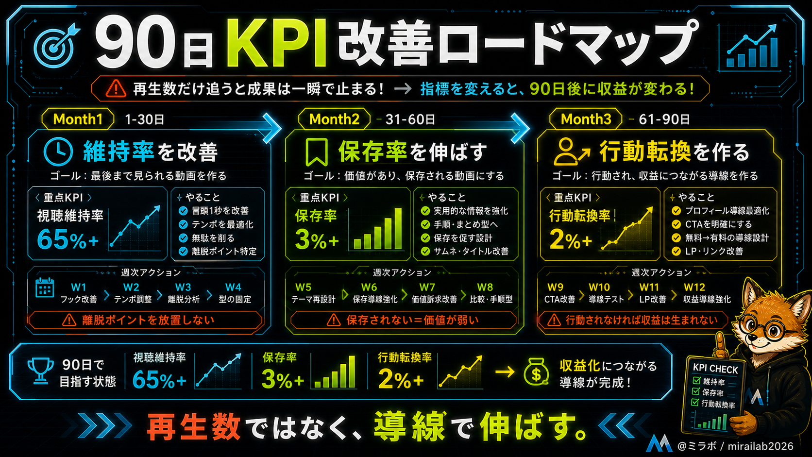 1〜30日目・31〜60日目・61〜90日目の集中指標と改善場所を示す90日KPI改善ロードマップ