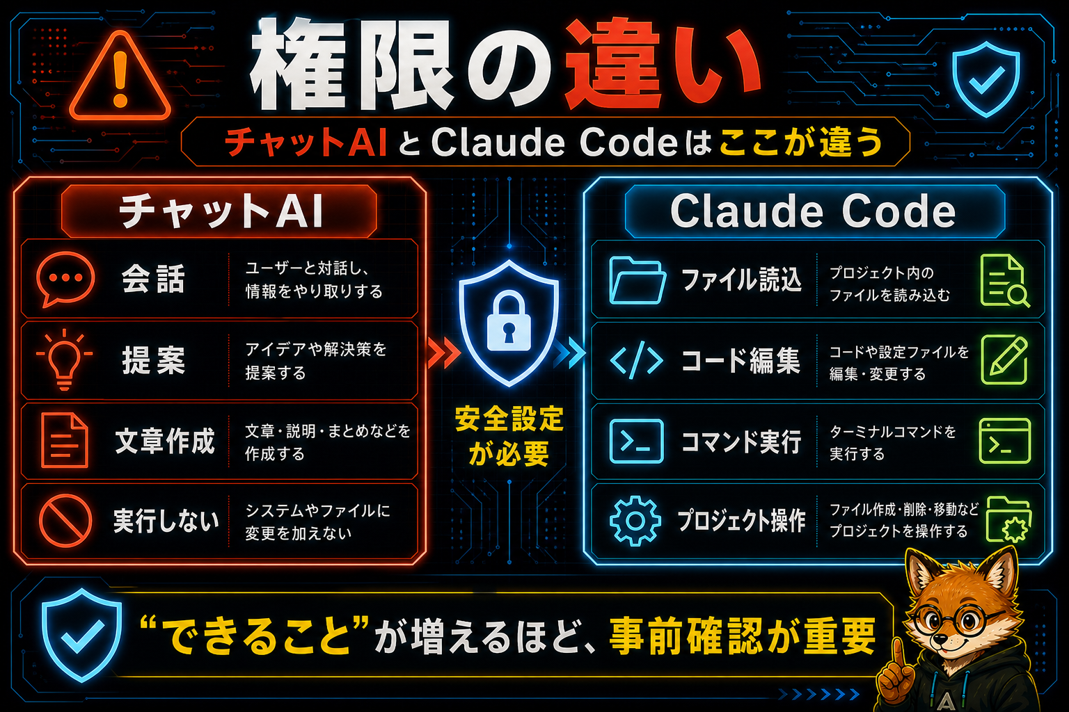 チャットAIとClaude Codeの権限比較表。チャットAIは会話・提案・文章作成のみ。Claude Codeはファイル読込・コード編集・コマンド実行・プロジェクト操作が可能。