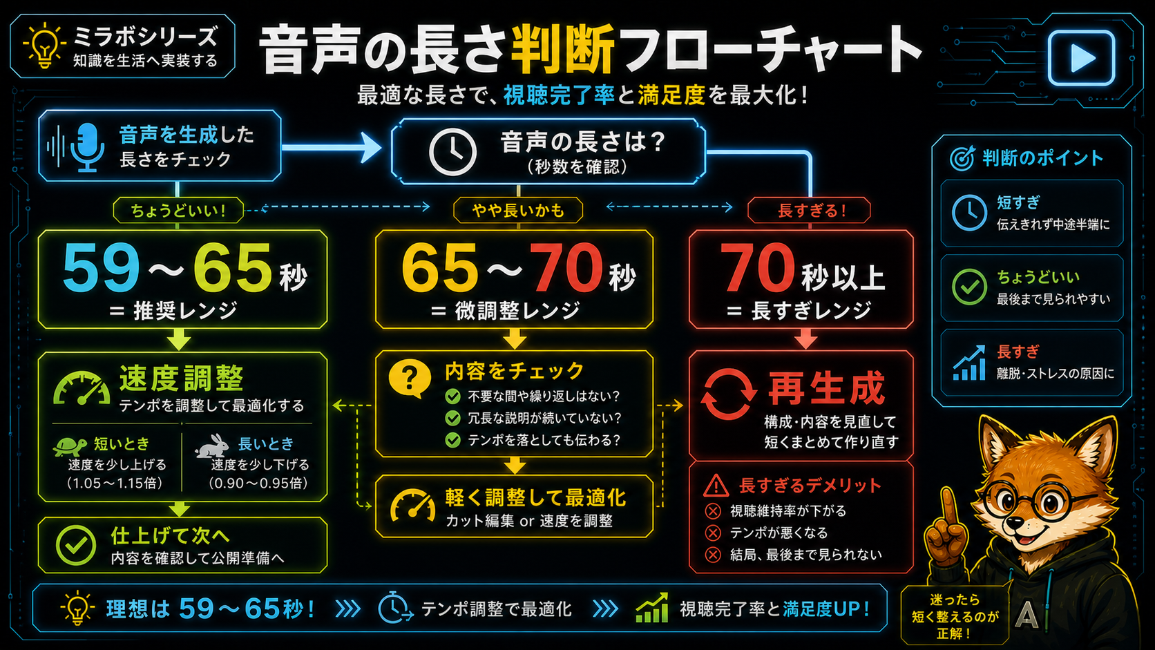 音声の長さ判断フローチャート。59〜65秒推奨・65〜70秒微調整・70秒以上再生成の3ゾーンを示す